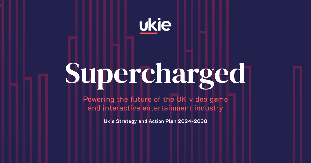 Ukie supercharged promotional graphic with a dark blue background and a red lined pattern